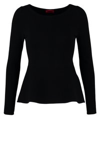 T-shirt noir à manches longues avec un col rond et une taille peplum. Texture côtelée avec un tissu lisse, sans éléments métalliques ni accents visibles.