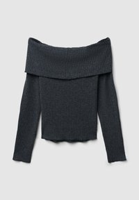 Bluzka z odkrytymi ramionami, o ribbowanym fasonie, z długim rękawem w ciemnoszarym kolorze, z miękką tekstur�ą i lekko skróconym dołem.