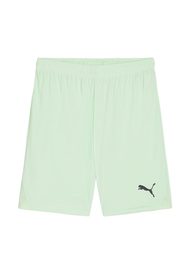 Pantaloni sportivi verde chiaro realizzati in tessuto traspirante con vita elasticizzata e logo Puma nero sul lato sinistro. Superficie liscia.