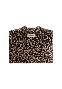 Chemise à imprimé léopard en tissu beige et noir, dotée d'un col et de l'étiquette "rivedroite" cousue dans le décolleté.