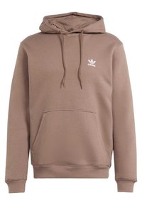 Světlě hnědá mikina Adidas s klokaní kapsou, stahovací kapucí, žebrovanými manžetami a bílým logem Adidas na levé straně hrudi.