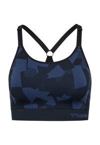 Mörkblå sport Bh med geometriskt mönster, tjocka band och en ringdetalj på ryggen. Tillverkad av stretchigt material med en bandad nederdel.