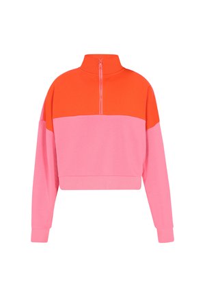 Värviliselt blokeeritud lukuga kapuutsiga särk, mille ülemine osa on oranž ja alumine osa roosa, valmistatud pehmest ja siledast puuvillast ning ribitud äärtega.