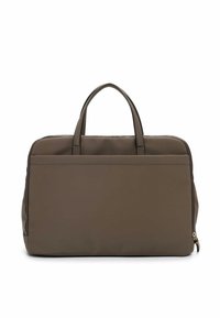 Brown leather bag with dual top handles, streamlined rectangular shape, and a zip closure. Smooth texture and minimalistic design.