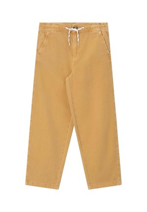 Pantalon couleur beige avec taille élastique, cordon blanc, poches avant et fermeture par bouton, présenté à plat sur fond blanc.