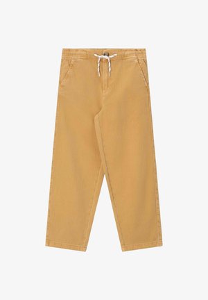 Pantalon couleur beige avec taille élastique, cordon blanc, poches avant et fermeture par bouton, présenté à plat sur fond blanc.