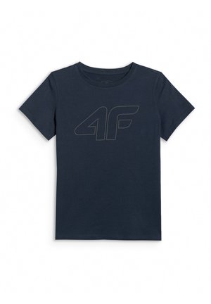 Granatowy t-shirt z krótkim rękawem i okrągłym dekoltem z tonalnym logo "4F" na środku klatki piersiowej.