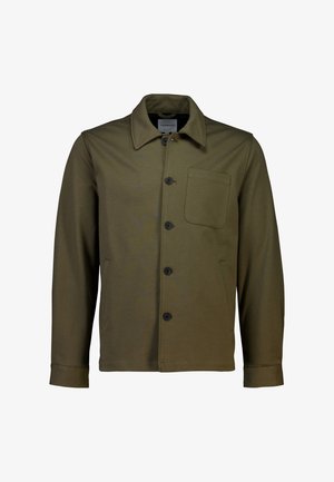 Olivgrüne Jacke mit Kragen, vorderen Knöpfen, einer Brusttasche, Seitentaschen und geknöpften Ärmeln. Hergestellt aus einem glatten, strukturierten Stoff.