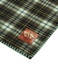 Couverture à carreaux verts avec un patch en cuir représentant un animal, bordure cousue main en vert menthe, texture douce et matériau ressemblant à de la laine.