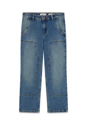 Jeans di denim blu con toppe rinforzate sulle ginocchia, tasche anteriori, passanti per cintura e chiusura con bottone in vita.