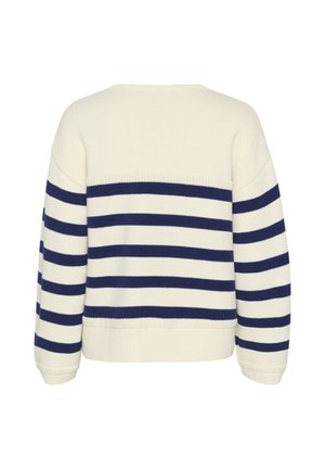 Pulover iz bombažnega pletiva z vrhnjo kremno barvo in širokimi mornarsko modrimi črtami, spuščena ramena ter rebrastimi manšetami in robom. Prikazan zadnji pogled.
