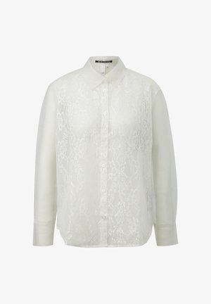 Witte overhemdd blouse met een kant overlay en lange mouwen. Gladde textuur met een kraag en sluiting met knopen aan de voorkant.