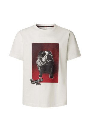 Valge puuvillane t-särk, millel on must-valge buldogi graafika punasel taustal ja musta kirjaga tekst "73 PEPE JEANS LONDON".