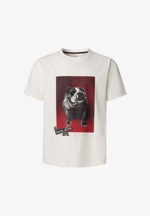 Valge puuvillane t-särk, millel on must-valge buldogi graafika punasel taustal ja musta kirjaga tekst "73 PEPE JEANS LONDON".