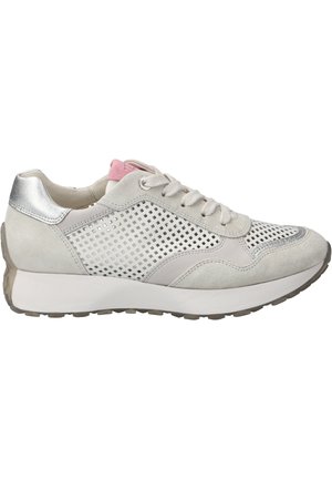 Light gray sneaker with perforated mesh panels, suede accents, silver heel detail, and pale pink tongue. Features flat laces and rubber sole.
