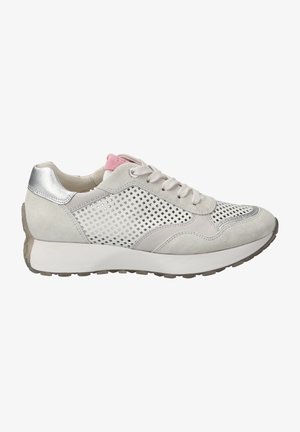 Light gray sneaker with perforated mesh panels, suede accents, silver heel detail, and pale pink tongue. Features flat laces and rubber sole.