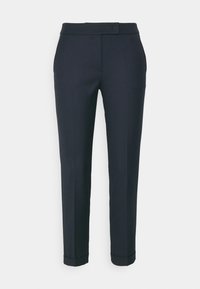 Pantalon formel slim pour femme, couleur bleu marine foncé, avec ourlets retroussés et fermeture frontale, présenté sur un fond clair uni.