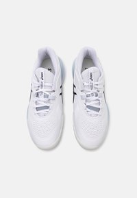 White running shoes with a mesh upper, incorporating black accents and grey laces. Features a textured sole and a padded collar for comfort.