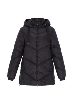 Sort pufferjakke med lynlås, hætte og kontrasterende sidelabber. Har et quiltet design med chevronmønstre og elastiske manchetter.