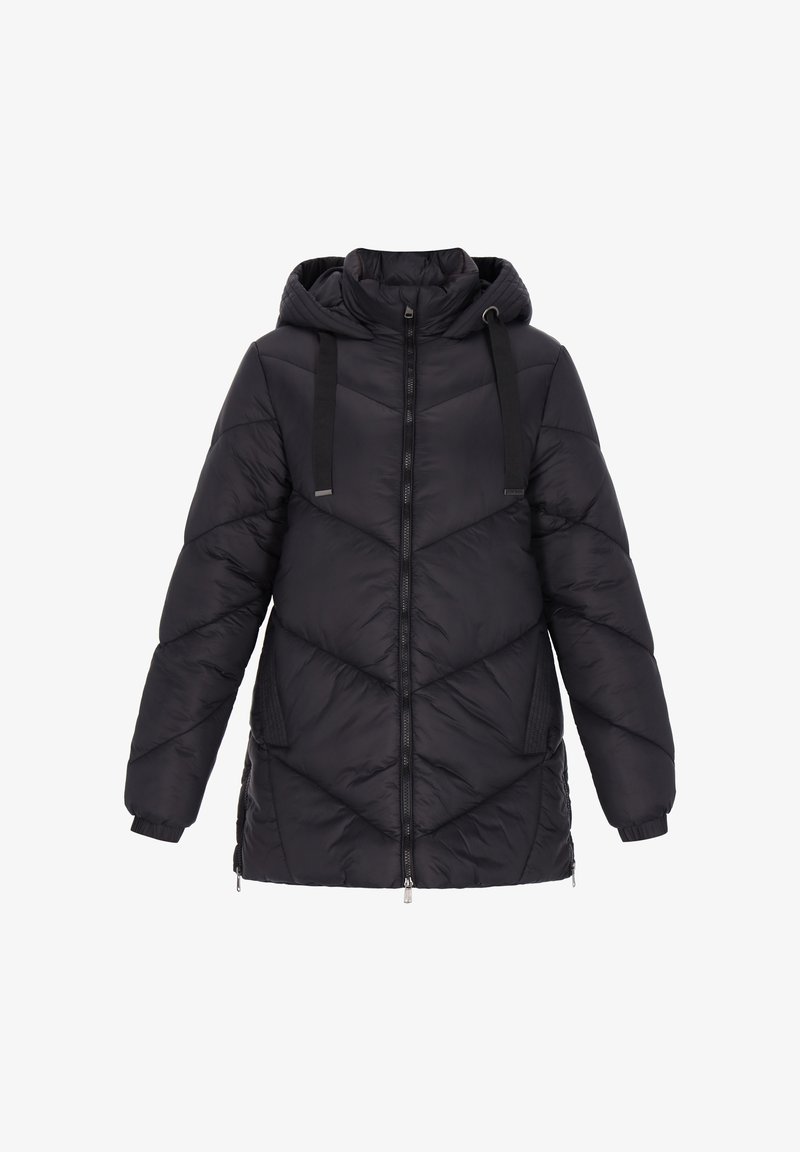 Chaqueta de plumas negra con cierre de cremallera, capucha y paneles laterales en contraste. Presenta un diseño acolchado con patrones en forma de chevrón y puños elásticos.