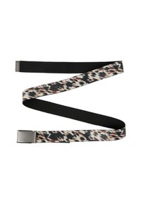 Gepatternde riem met een zwarte elastische band en een textielband in een abstract ontwerp in wit, zwart en bruin, voorzien van een metalen sluiting.