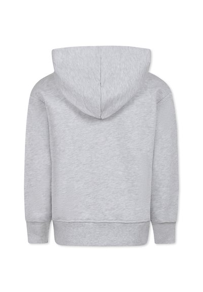 Felpa grigia con cappuccio regolabile, tessuto morbido, polsini e orlo a costine. Retro semplice senza loghi o dettagli visibili.
