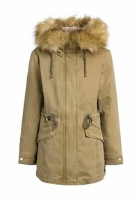 Brązowa parka z kapturem z sztucznym futrem, z talią ściąganą w pasie i przednimi kieszeniami. Zawiera sznurki ściągające i metalowe akcenty do regulacji.