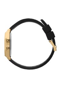 Cadran de montre doré avec deux boutons ; bracelet rectangulaire noir en caoutchouc ; fermeture à boucle d'un côté, texture lisse.