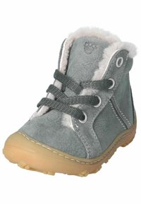 Bota de tobillo de cuero gris con suave forro de piel sintética, punta redondeada y suela de goma. Presenta cordones grises y ojales de metal.
