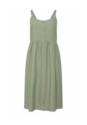 Vestito midi verde chiaro senza maniche con sottili spalline e una fila centrale di piccoli bottoni in legno dalla scollatura all'orlo.