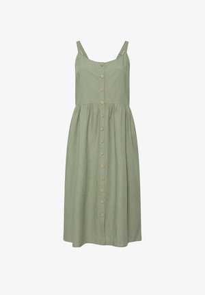 Vestido midi sin mangas de color verde claro con tirantes finos y una fila central de pequeños botones de madera desde el escote hasta el dobladillo.