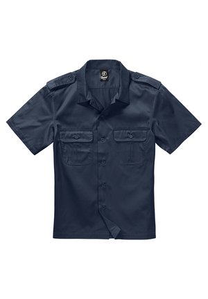 Korte mouw navyblauw shirt van gladde stof, met twee borstzakken, knoopsluiting en schouderepauletten.