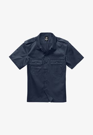 Korte mouw navyblauw shirt van gladde stof, met twee borstzakken, knoopsluiting en schouderepauletten.