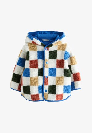 Otroška kapucar s flisom v večbarvnem karo vzorcu v modri, zeleni, rdeči, bež in beli barvi, z zapenjanjem na pritisne gumbe in modrim obrobom.