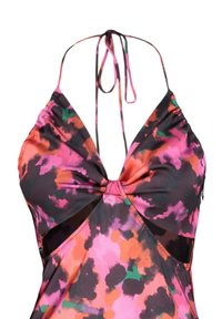 Baddräkt med ett färgglatt blommönster i rosa, orange och gröna nyanser, med halterneck-design och utskärningar.