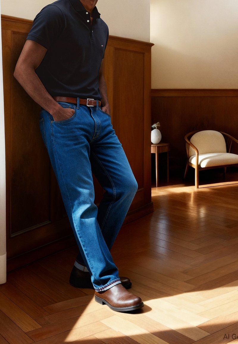 Homme portant des bottes marron, un jean bleu et un polo noir, debout les mains dans les poches dans une pièce ensoleillée avec des panneaux en bois et une chaise.