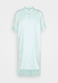 Robe chemise vert menthe clair avec col, manches courtes bouffantes, fermeture à boutons sur le devant et détails plissés au bas des manches. Tissu léger et doux.