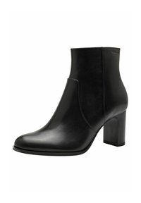 Bottine noire en cuir avec une silhouette effilée, un design découpé et un talon carré haut. Texture lisse et style minimaliste.