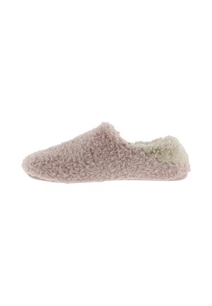Pantofole morbide rosa con tallone basso e fodera in peluche color crema, progettate per il comfort interno.