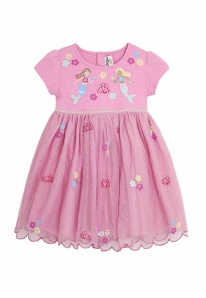 Roze jurk met korte mouwen, versierd met geborduurde zeemeerminnen, schelpen en bloemen. De tule rok heeft een sprankelende afwerking en een golvende zoom.