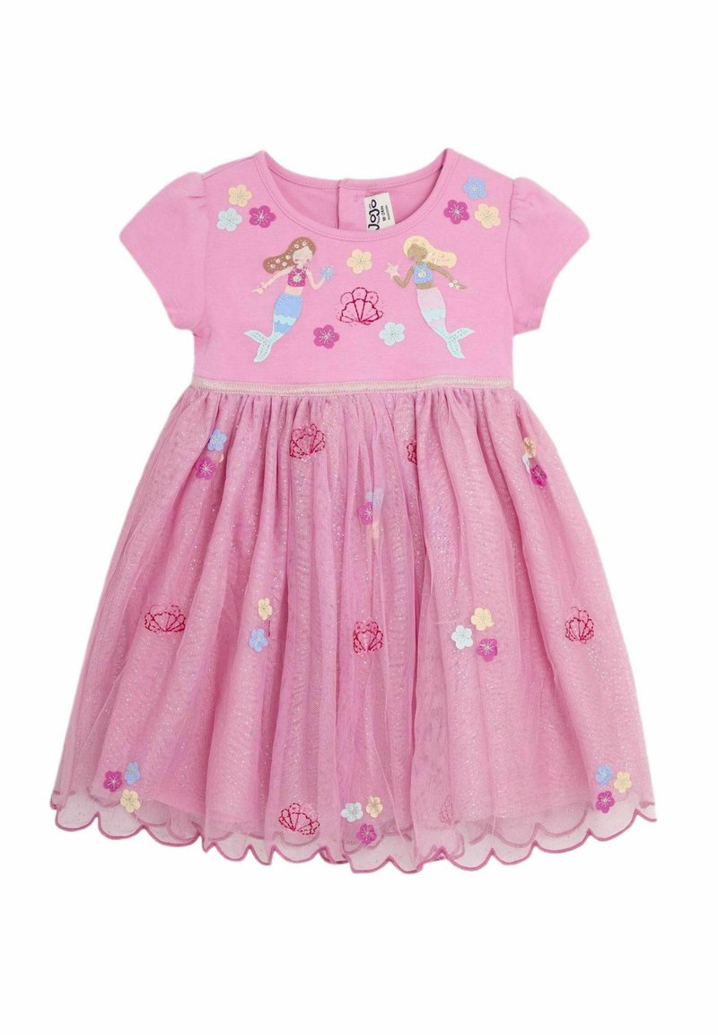 Robe rose à manches courtes, ornée de sirènes, de coquillages et de fleurs brodés. La jupe en tulle a une finition scintillante et un ourlet festonné.