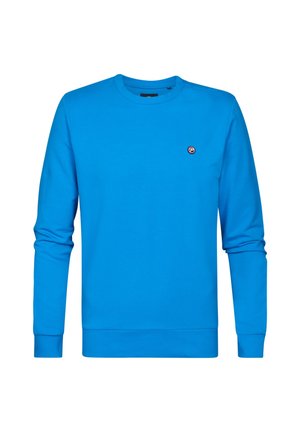 Blå bomulds sweatshirt med lange ærmer, rund hals og et lille rundt logo på venstre bryst. Har en glat tekstur og en afslappet pasform.