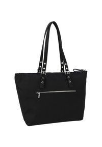 Svart axelväska gjord av hållbart tyg, med två långa handtag, ett huvudfack med dragkedja och en framficka med en silverfärgad dragkedja.