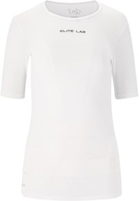 Hvid kortærmet atletisk skjorte lavet af åndbart mesh-stof. Har "ELITE LAB" logoet trykt i sort på brystet.
