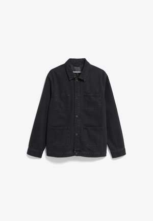 Black denim jacket featuring a collared neck, front button closure, and two chest pockets. Fabric has a soft texture and sturdy design.