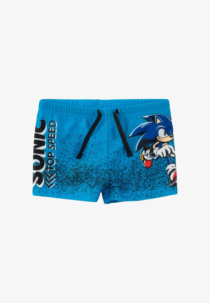 Pantaloni da mare blu realizzati in tessuto leggero, con una grafica di Sonic the Hedgehog, dettagli in splatter neri e vita con cordoncino.