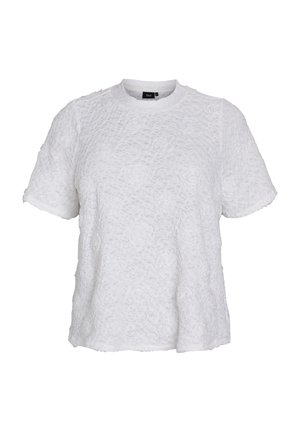 White short-sleeve top with textured, crinkled fabric. Round neckline and loose fit with a slightly cropped hem. No visible fasteners or patterns.