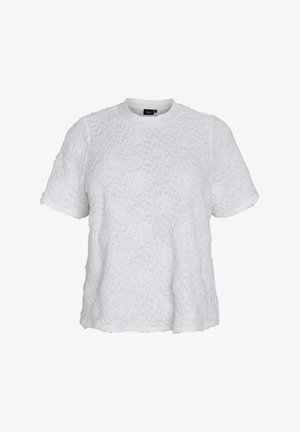 Witte korte mouw top met gestructureerde, kreukelige stof. Ronde halslijn en een losse pasvorm met een iets verkorte zoom. Geen zichtbare sluitingen of patronen.