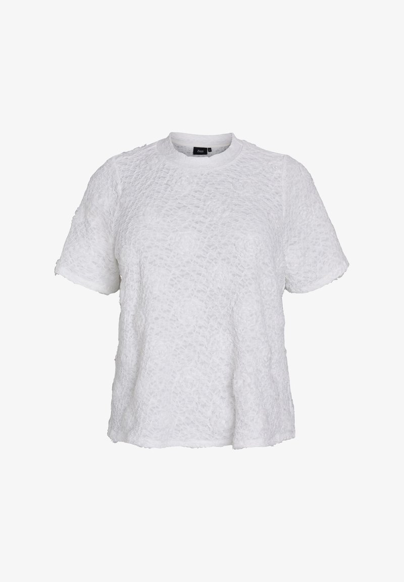 Top bianco a maniche corte con tessuto testurizzato e arricciato. Collo rotondo e vestibilità larga con orlo leggermente accorciato. Nessun fermo o motivo visibile.