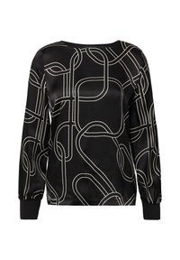 Schwarzes satinierter Langarmshirt mit einem geometrischen weißen Linienmuster und abgerundeten Formen, Rundhalsausschnitt und engen Manschetten.